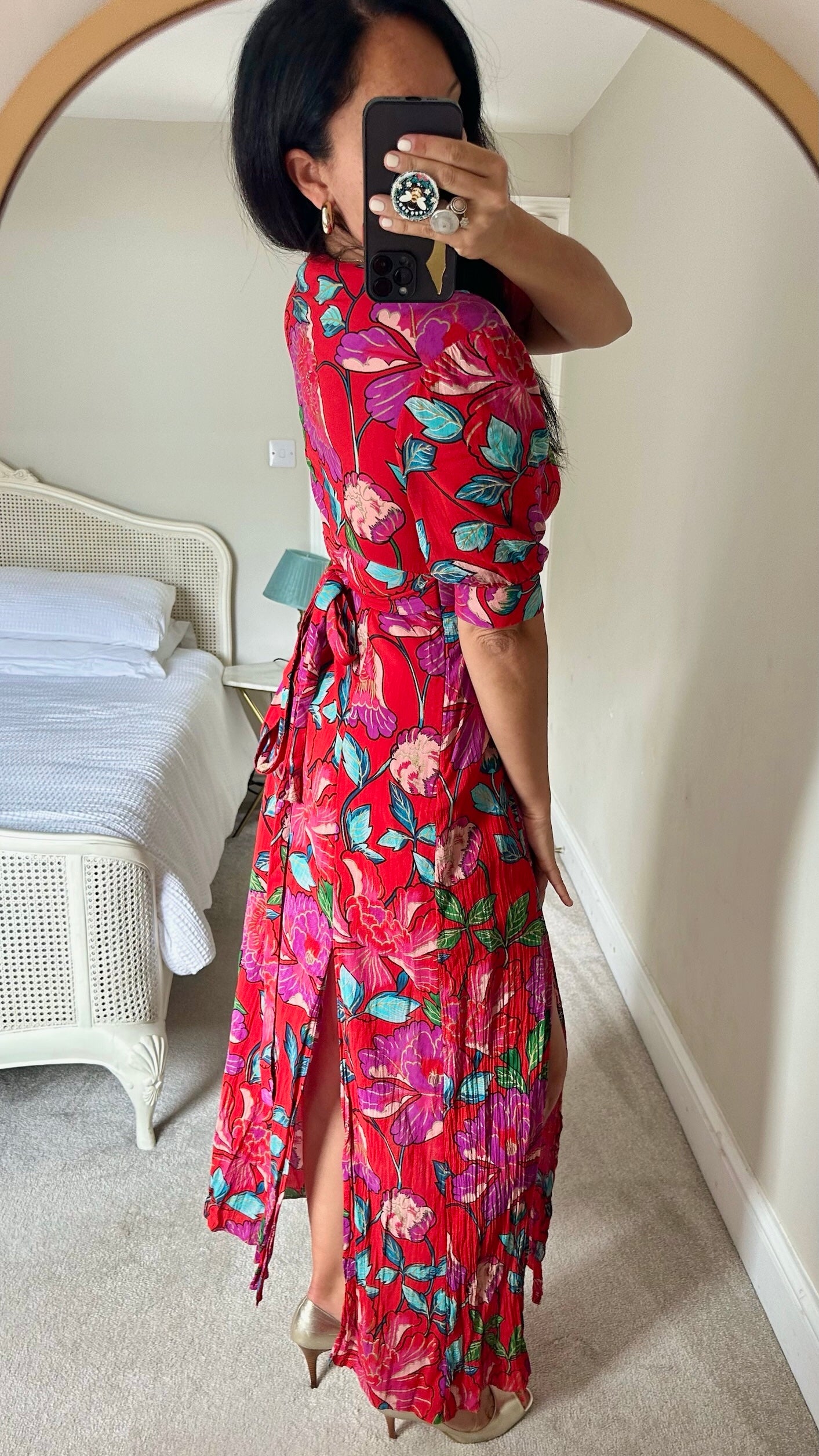 & other stories red double split tropical print maxi occasion dress small medium UK 8-10 vgc