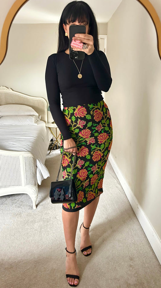 Essentiel Antwerp green yellow pink embroidered midi length skirt small UK 8 vgc