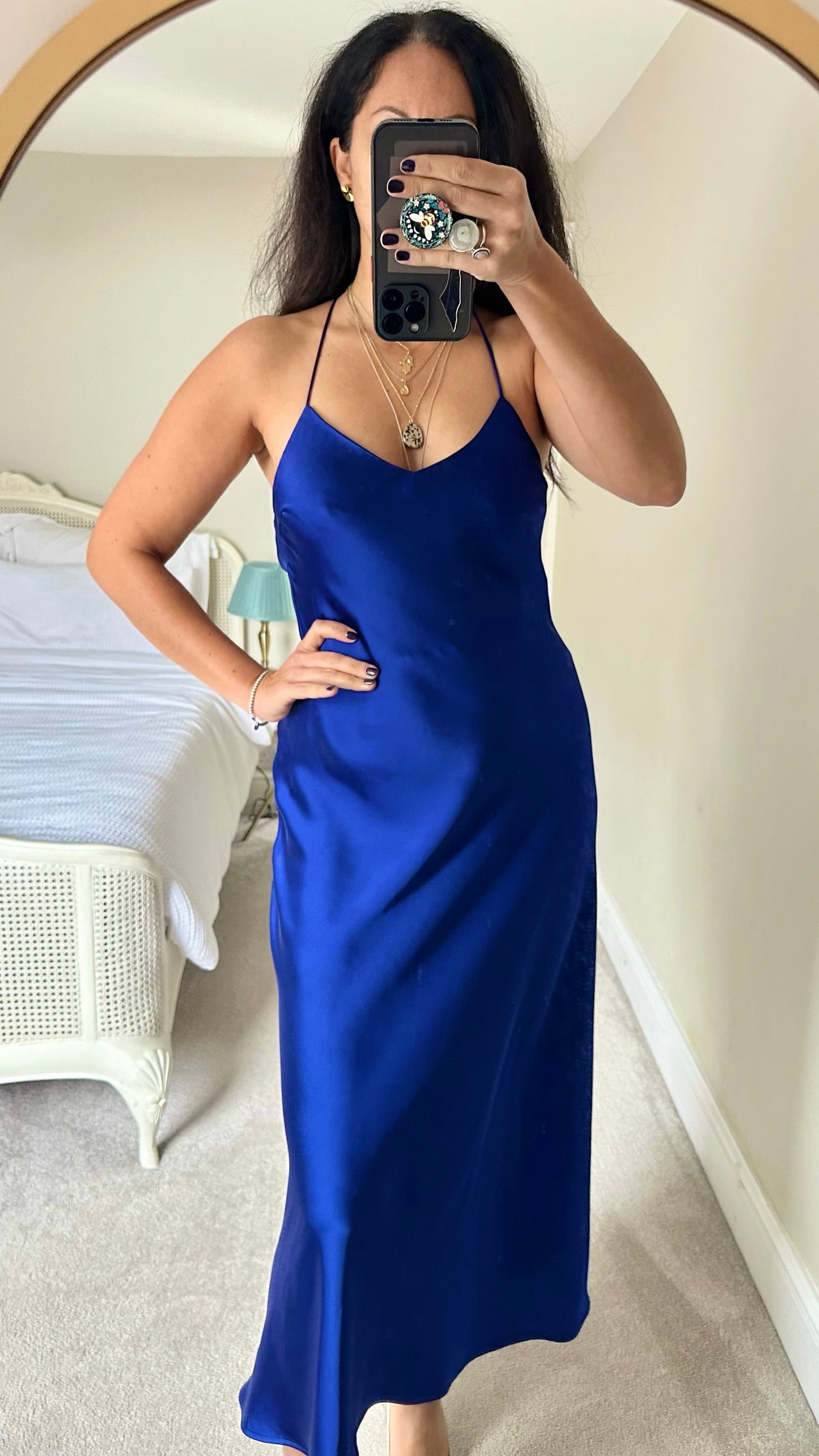 Zara cobalt blue satin backless midi maxi strap dress party Christmas event medium M UK 10