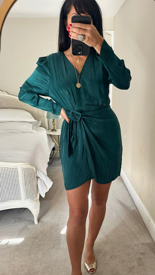 & other stories teal satin wrap mini event dress large UK 12 vgc