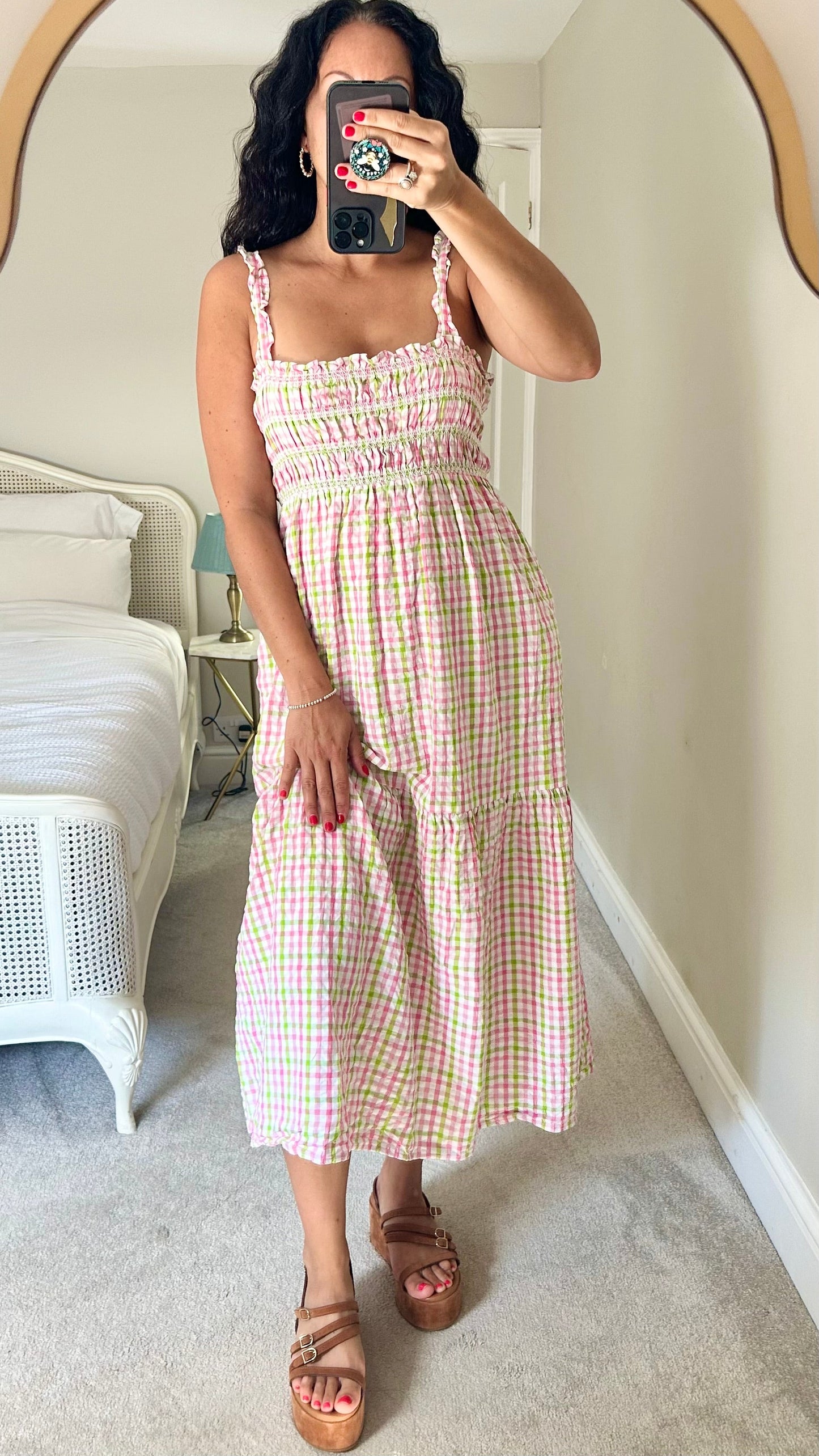 French Connection pink white green gingham check rusched maxi dress large UK 14-16 vgc