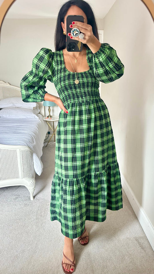Ganni black lime green check gingham midi long dress medium UK 10 vgc event w25