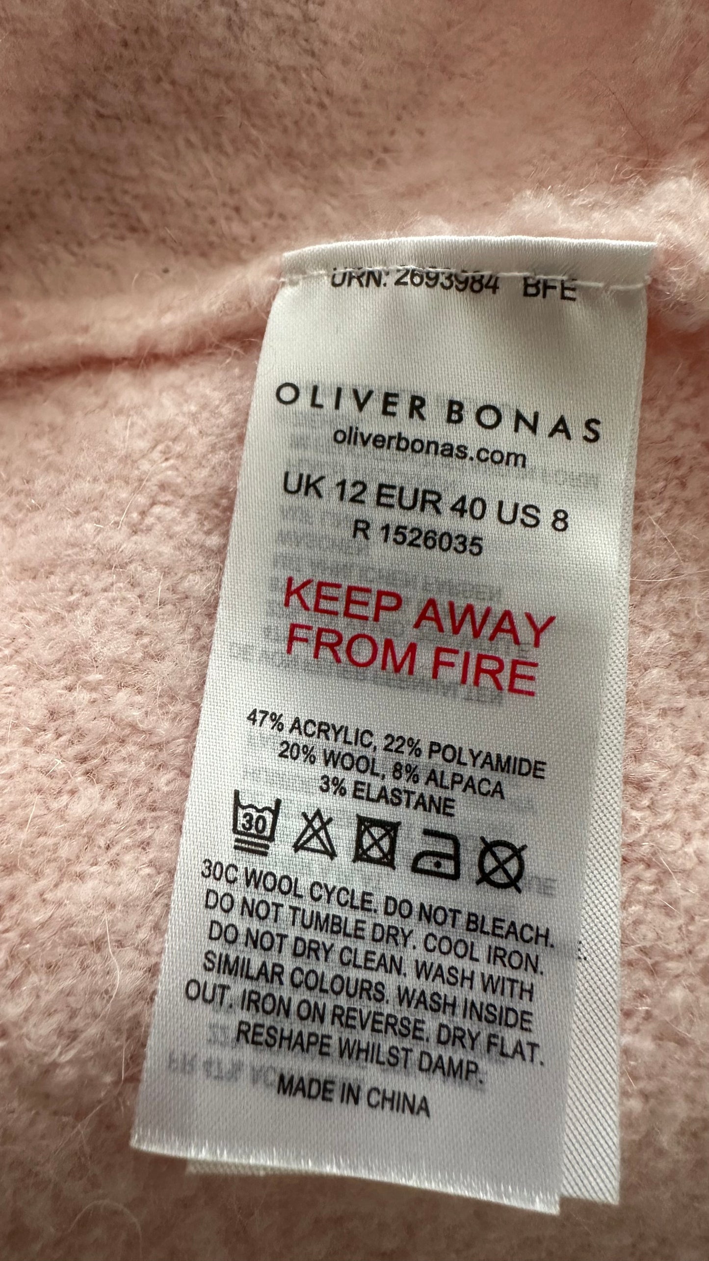 Oliver Bonas rose pink alpaca blend knitted jumper large UK 12 vgc