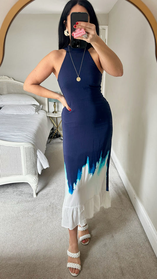 Mint velvet navy blue ombre tiered dye midi holiday dress small UK 8 vgc