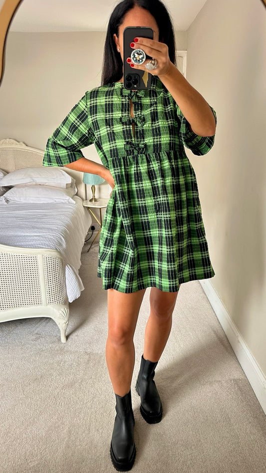 Ganni green black check bow tie front mini dress small UK 8 vgc w25