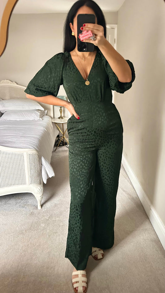 Oliver Bonas dark green animal leopard print jumpsuit trousersuit event small medium UK 8 12