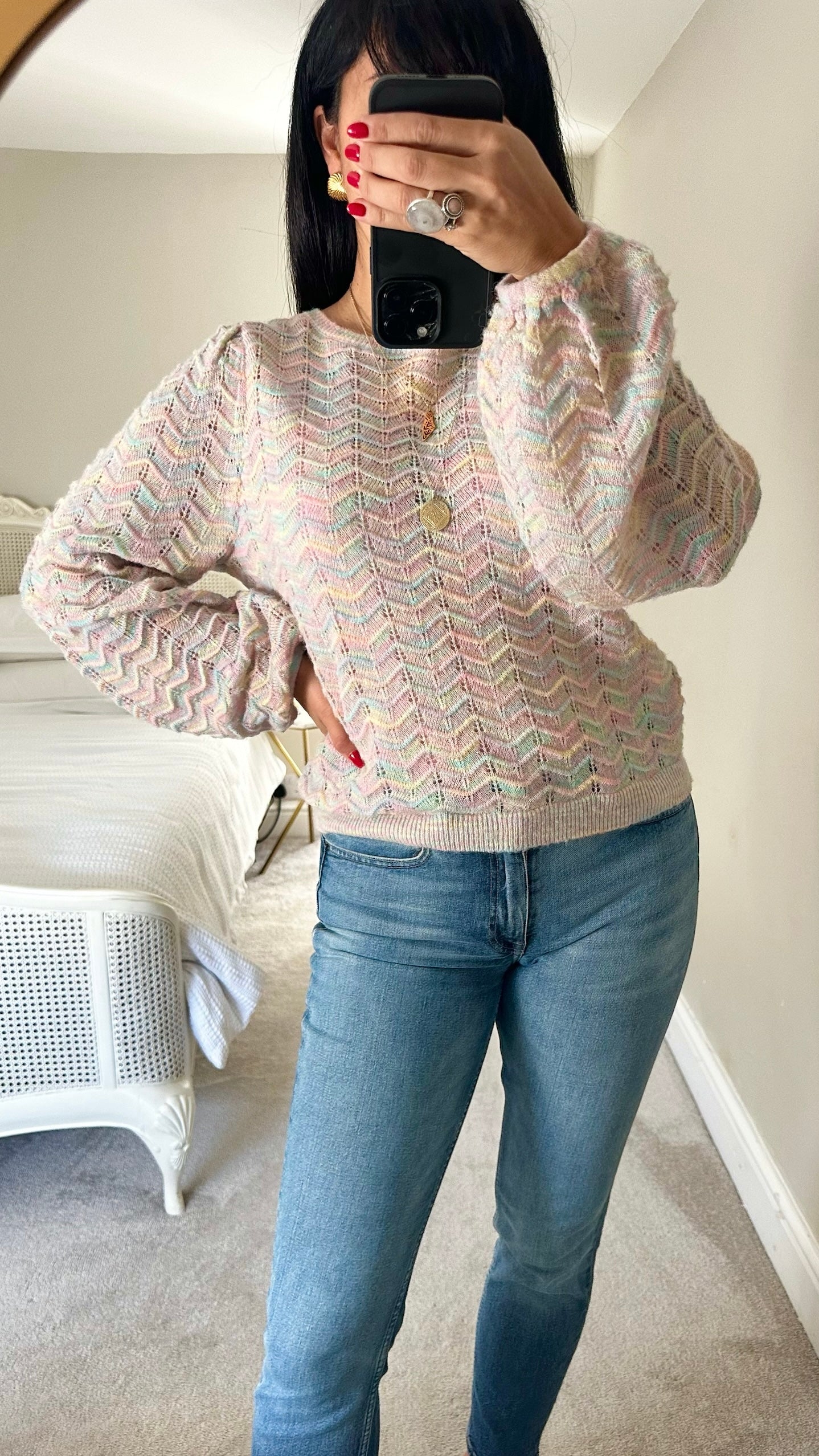 Oliver bonas rainbow multi colour crochet knitted jumper medium UK 10 vgc
