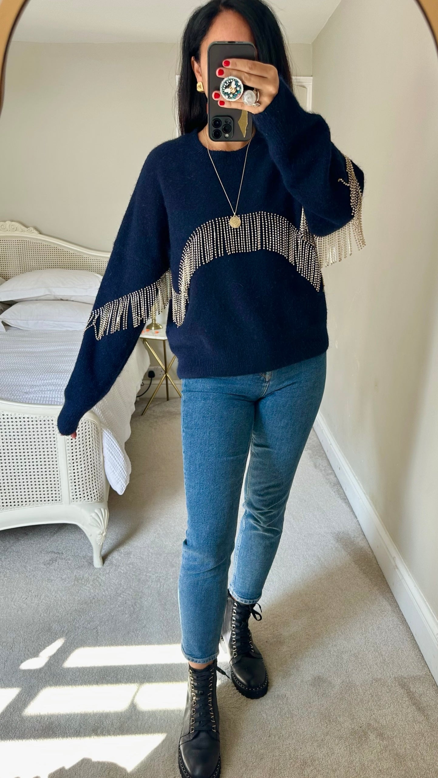 & other stories navy blue diamanté tassel jumper small medium UK 8 10-12 vgc w25