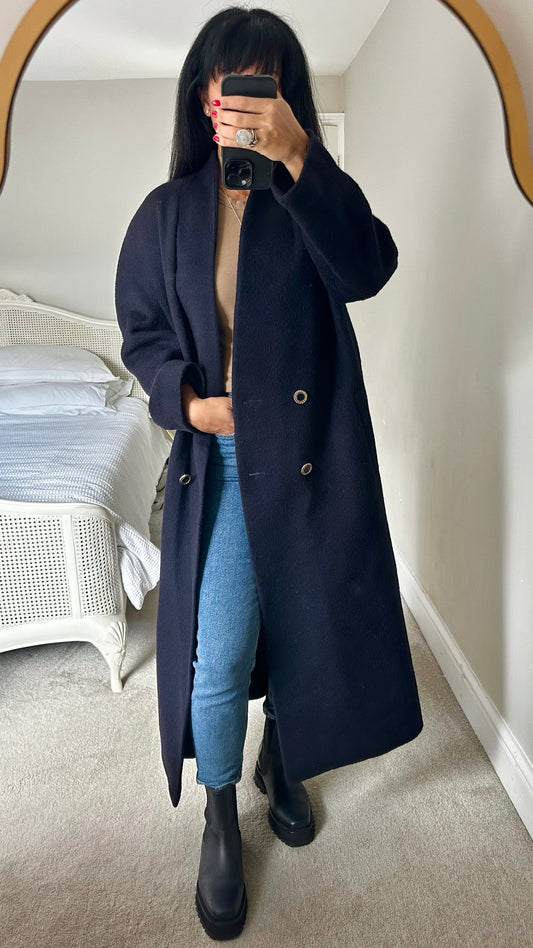 Alexon vintage navy blue mohair wool blend long maxi coat extra large XL UK 14