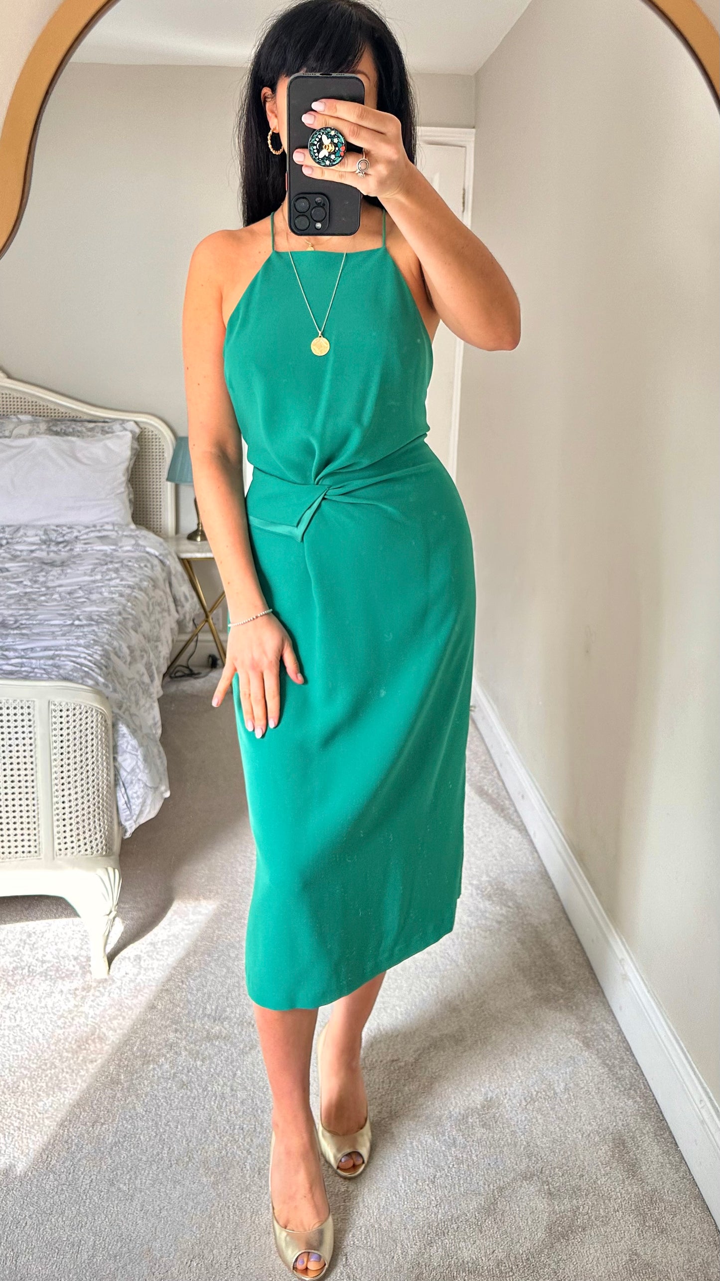 Warehouse emerald green faux knot midi event dress large UK 12 vgc