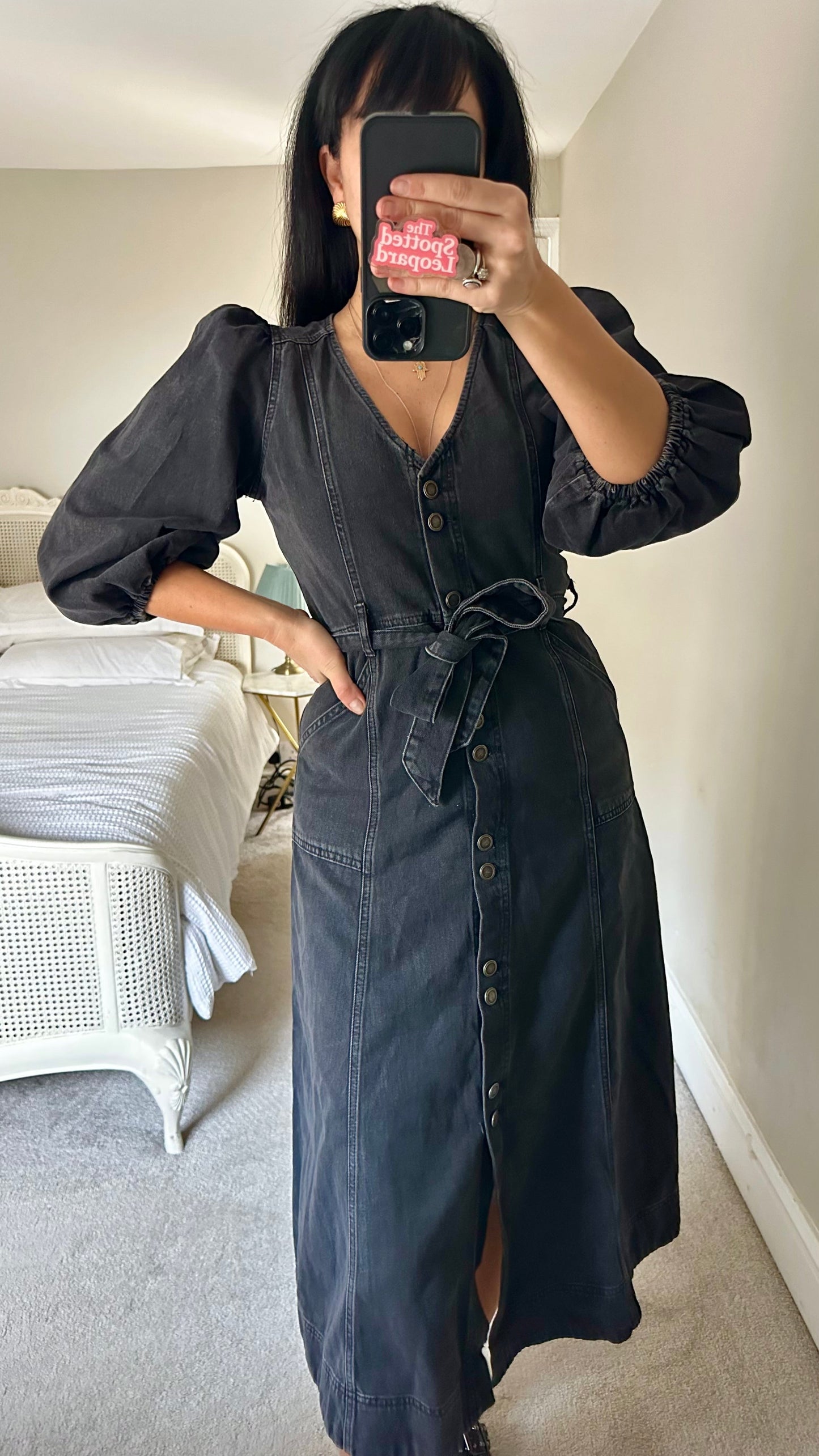 Oliver Bonas black denim jeans button up midi dress small UK 10 vgc