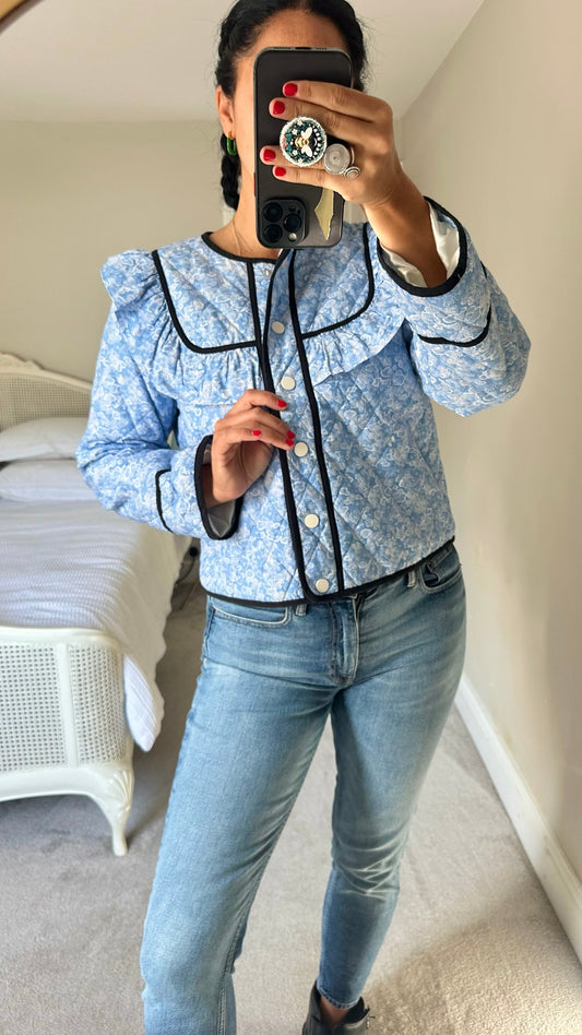 Ganni @ Net a Porter light blue floral patchwork quilted jacket coat large UK 12 vgc w25