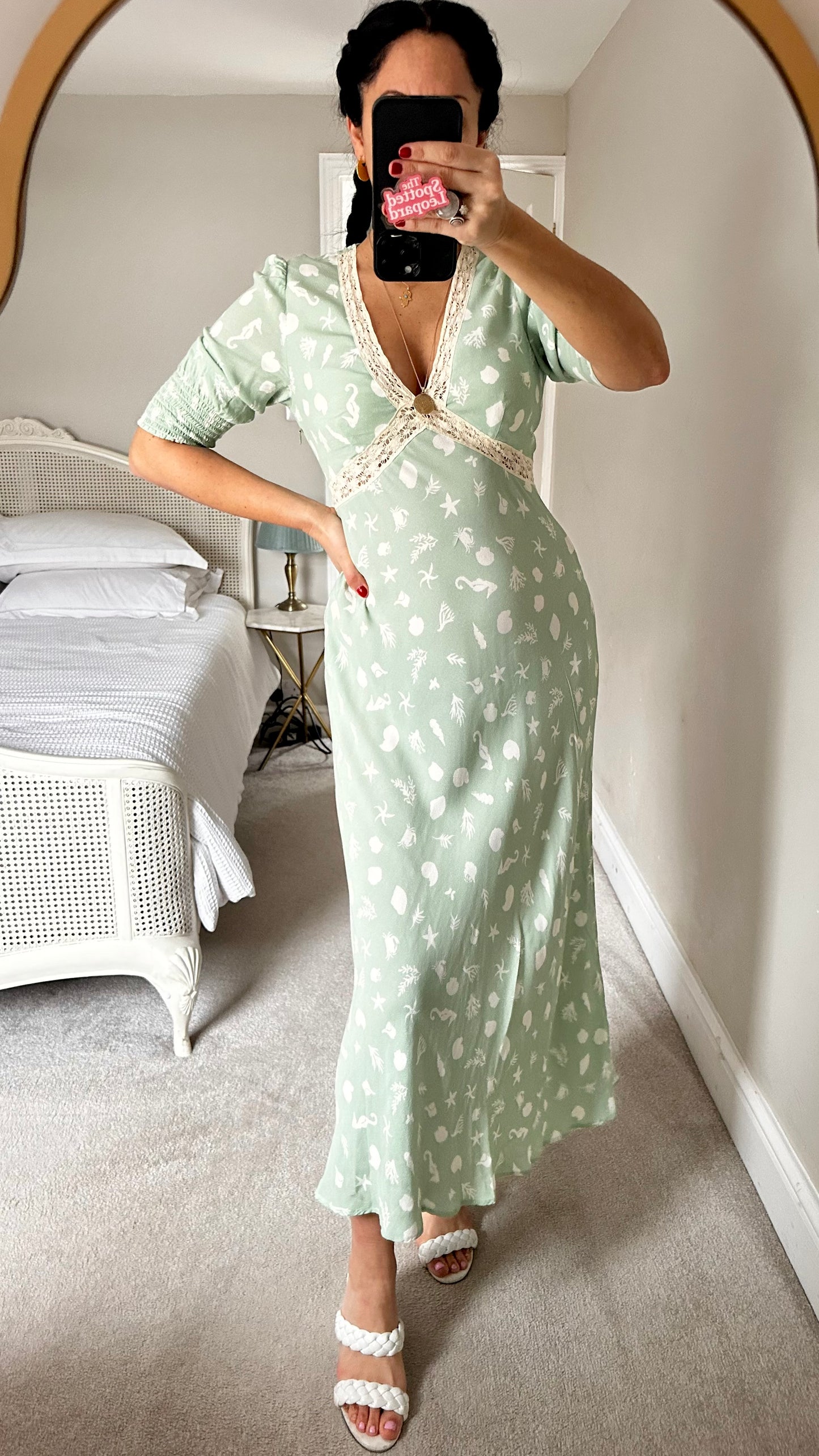 RIXO light mint green beach scene crabs seaside dress midi long UK 10 vgc event wedding guest