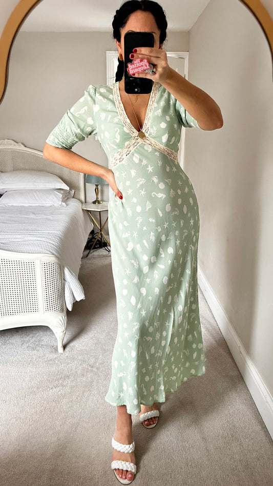 RIXO light mint green beach scene crabs seaside dress midi long UK 10 vgc event wedding guest