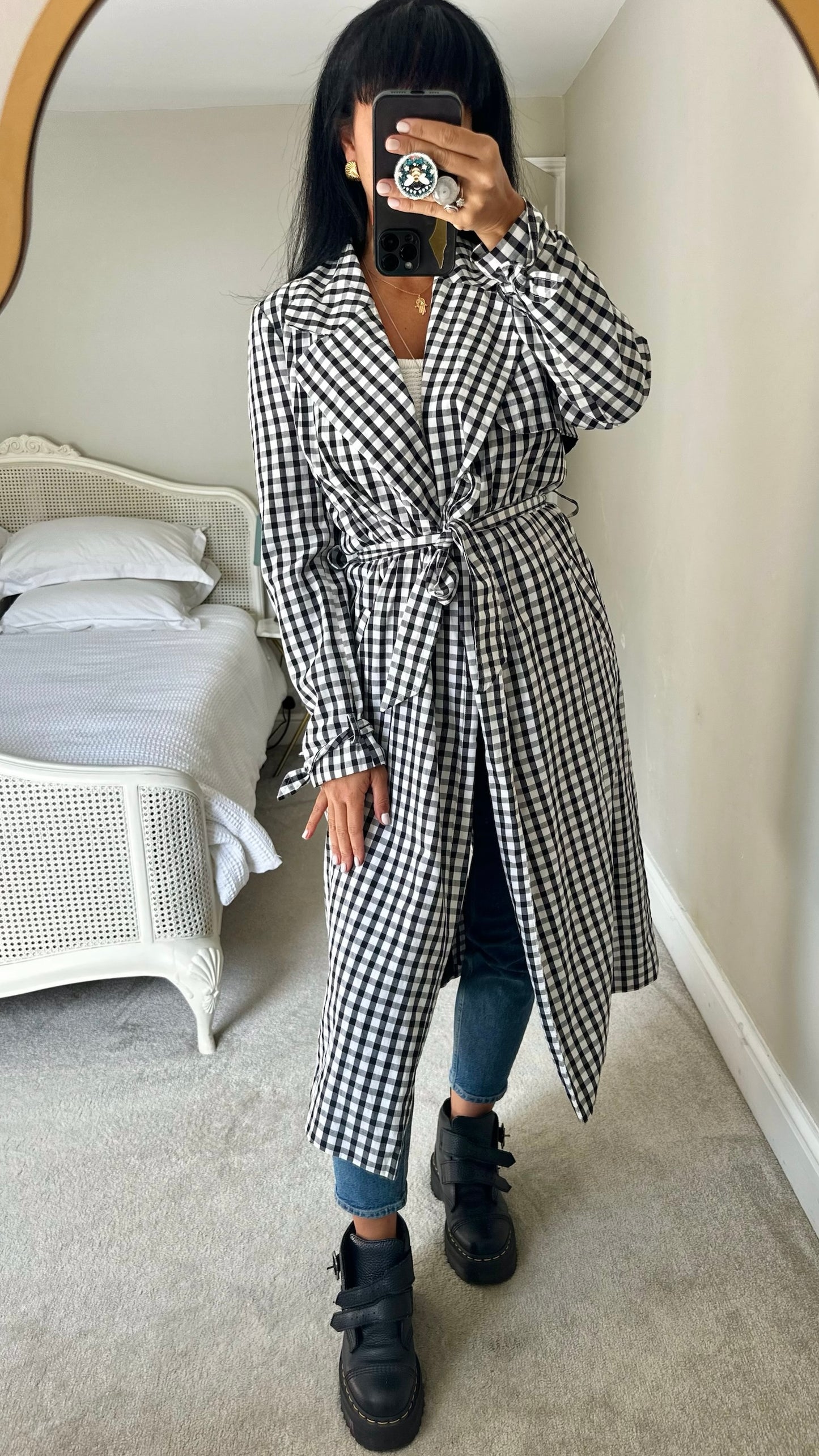 River island black white gingham check long trench coat large L UK 12 excellent used condition