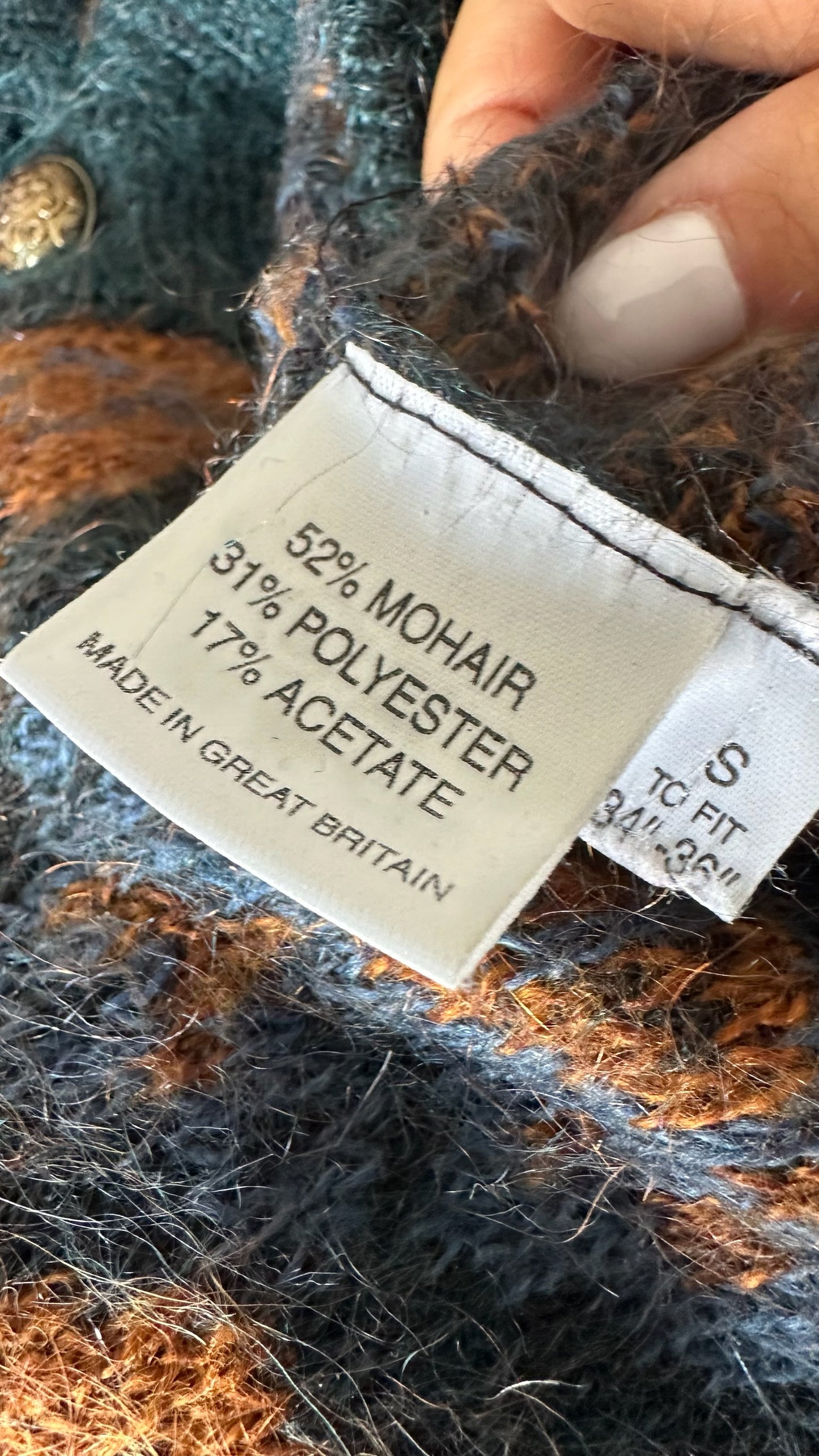Vintage orange burnt orange navy blue patterned mohair blend jumper cardigan medium UK 10 vgc w25