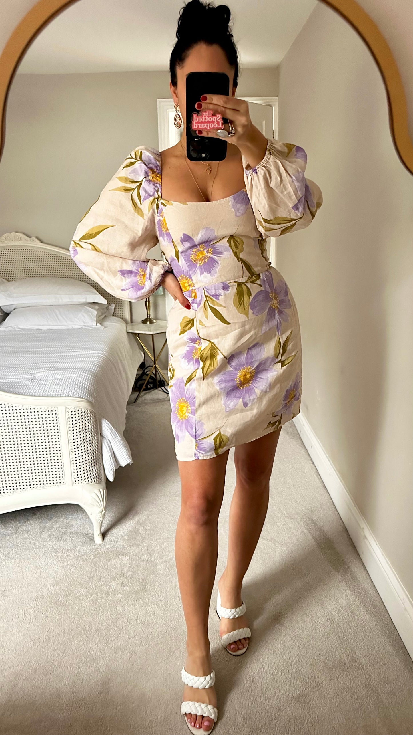 & other stories beige lilac floral linen mini puff sleeve dress holiday small UK 8 vgc