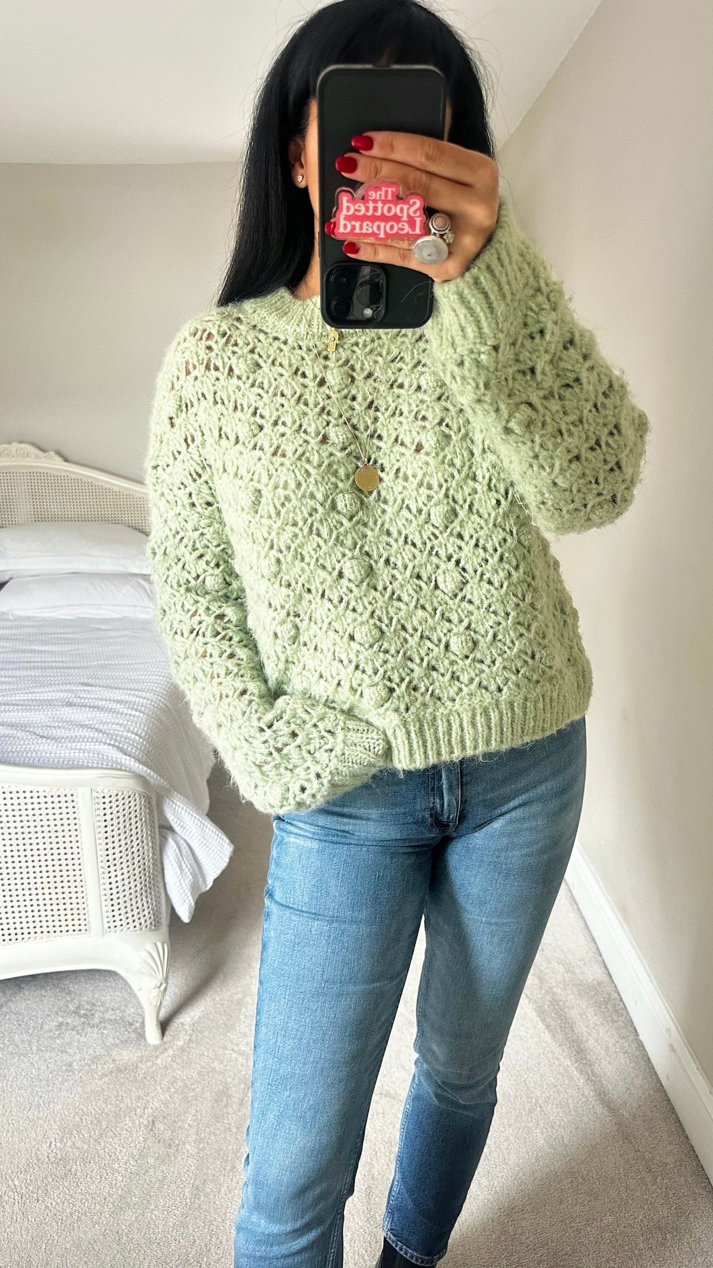 Mango light green bobble knit alpaca wool jumper medium large ML UK 10-12