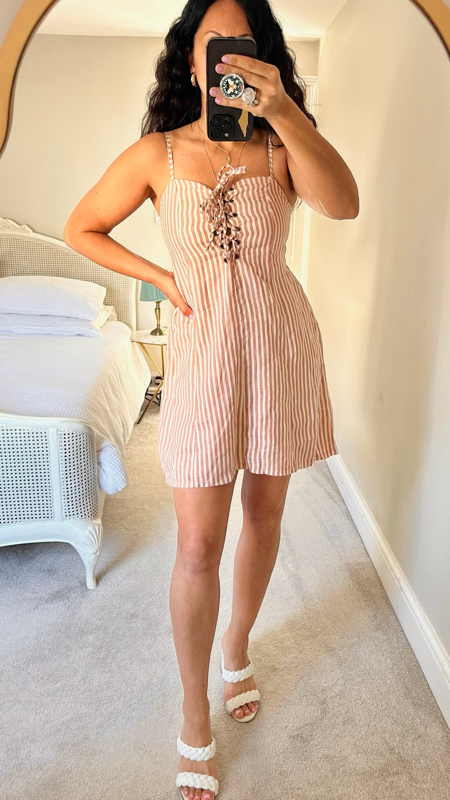 Faithfull the Brand dusky pink cream candy stripe corset tie bust mini dress holiday large L UK 12 vgc