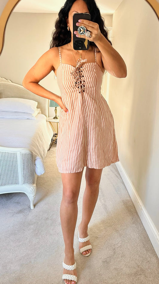 Faithfull the Brand dusky pink cream candy stripe corset tie bust mini dress holiday large L UK 12 vgc