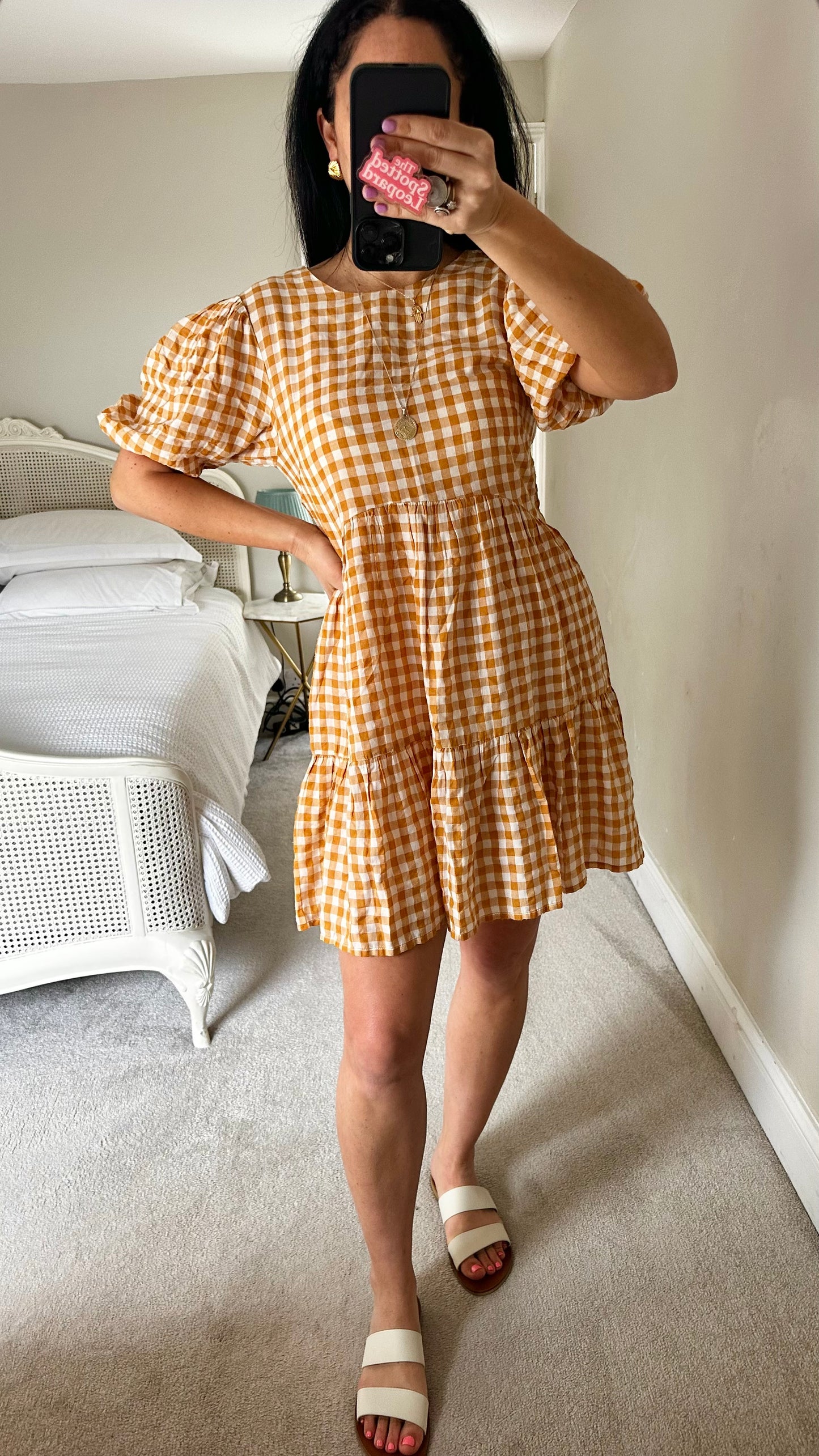 Warehouse ochre white gingham check mini sun dress small UK 8 holiday vgc