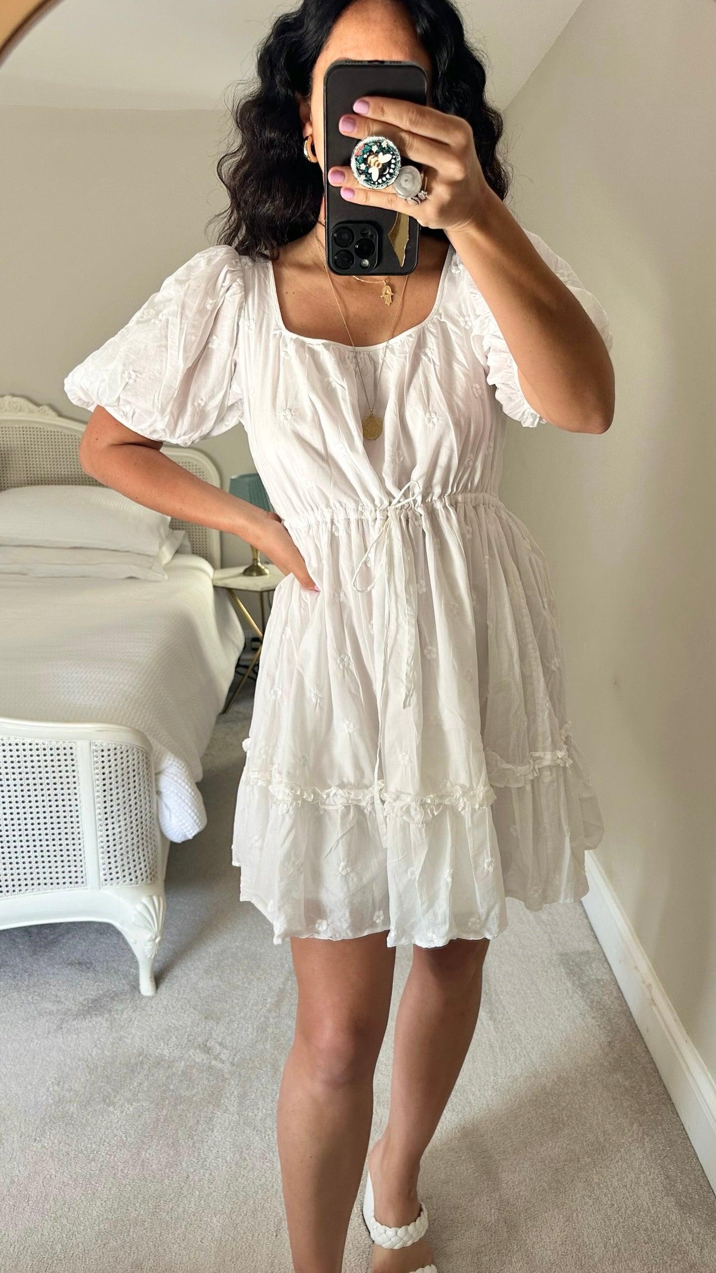&Other stories white floral embossed mini sun dress holiday small S UK 8-10 and large L UK 12
