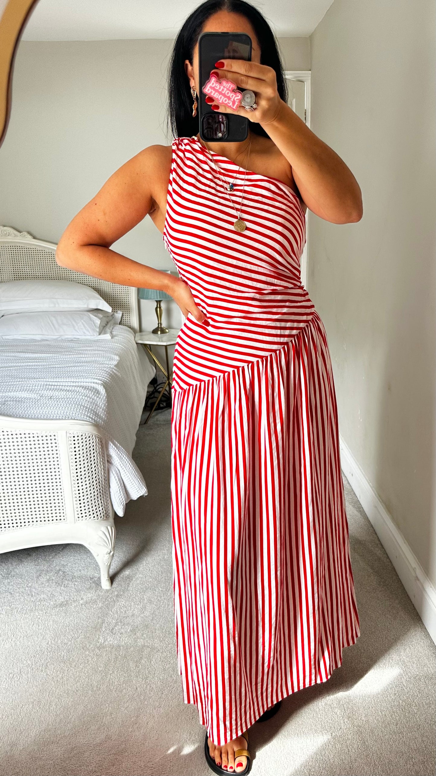 Ro & Zo red white stripe one shoulder maxi long dress medium UK 12 vgc holiday linen blend