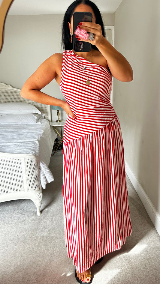 Ro & Zo red white stripe one shoulder maxi long dress medium UK 12 vgc holiday linen blend