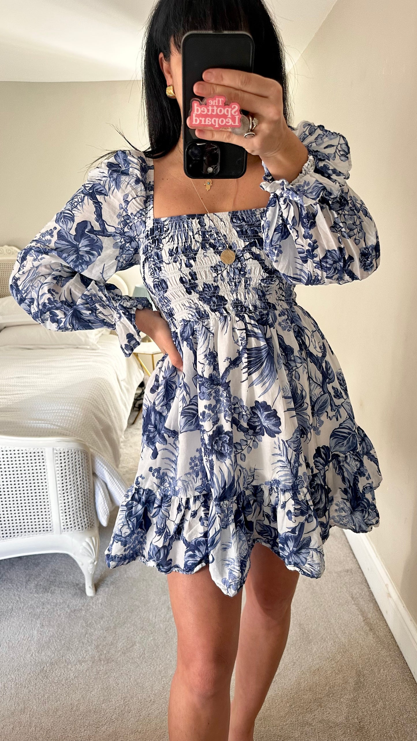 & other stories white blue floral shirred mini dress small UK 8-10 petite