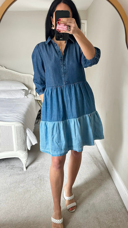 Oliver bonas light blue denim lyocell tiered midi dress small UK 8 vgc