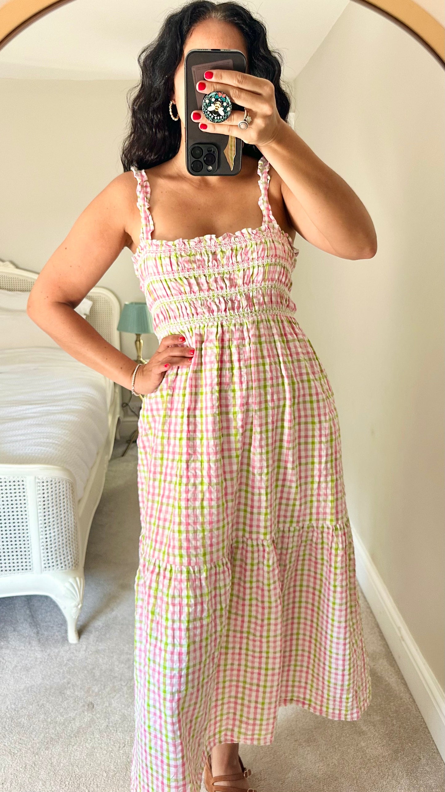 French Connection pink white green gingham check rusched maxi dress large UK 14-16 vgc