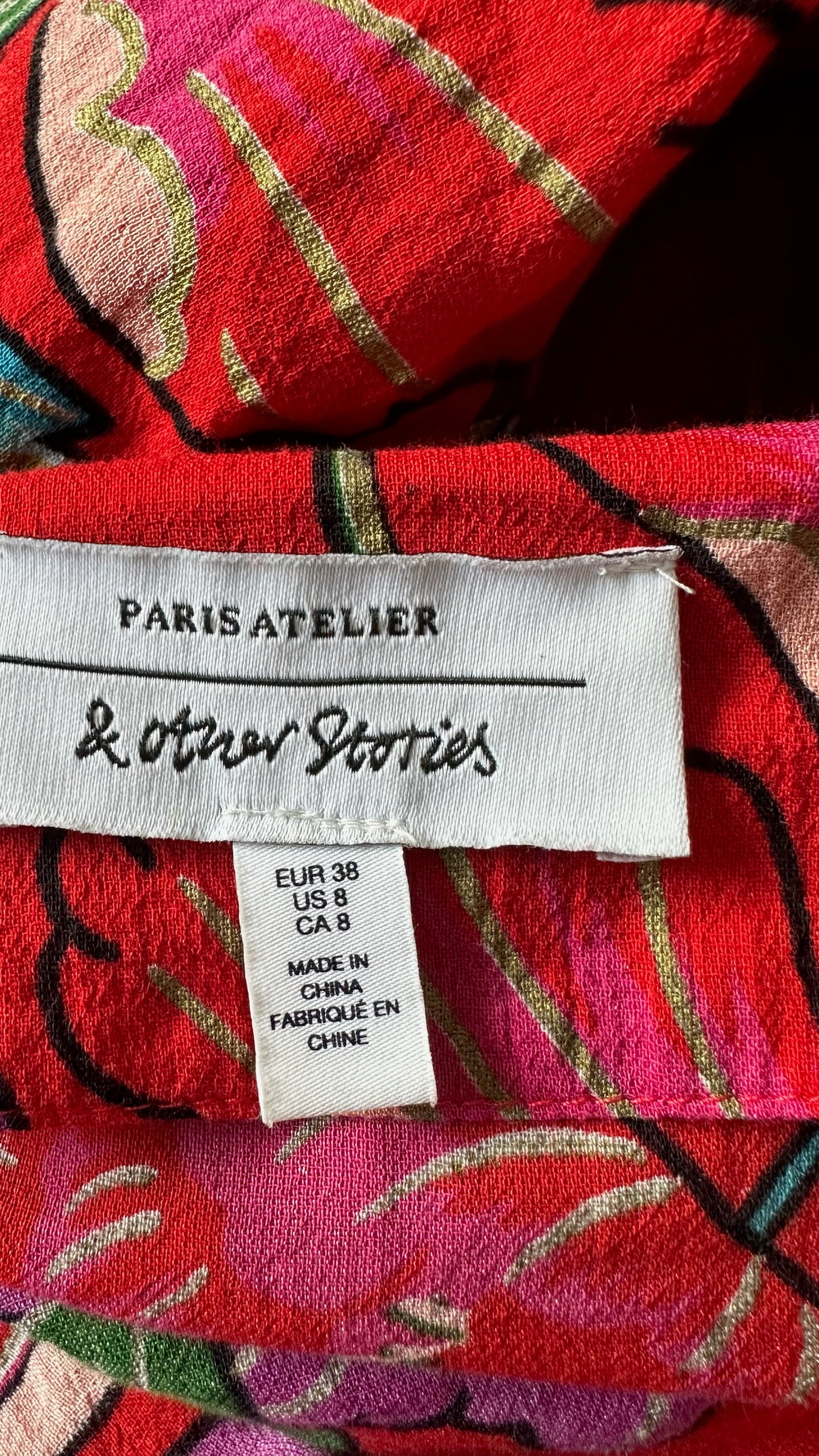 & other stories red double split tropical print maxi occasion dress small medium UK 8-10 vgc
