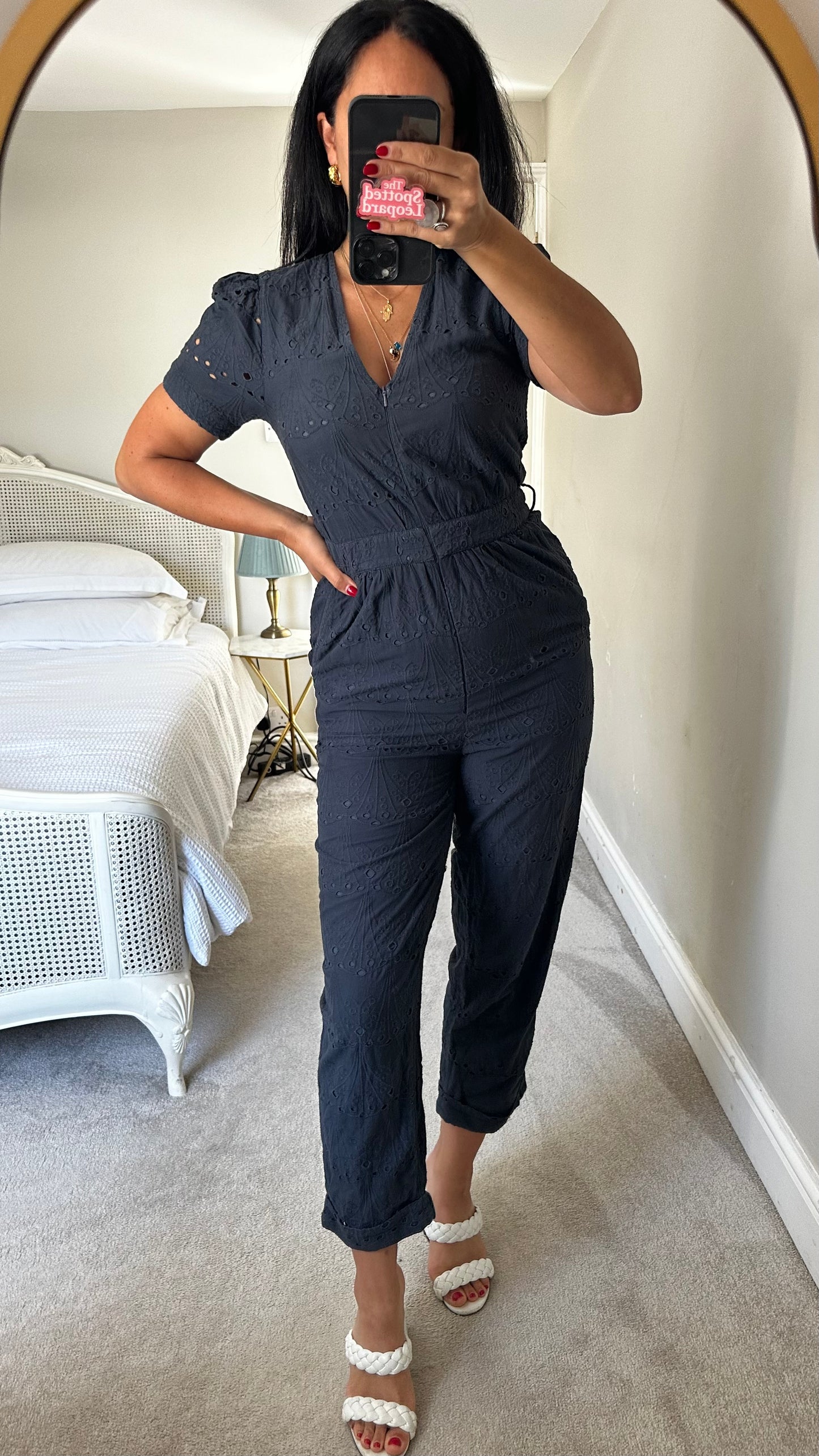 Whistles navy blue broderie anglaise cotton jumpsuit playsuit small UK 10 vgc