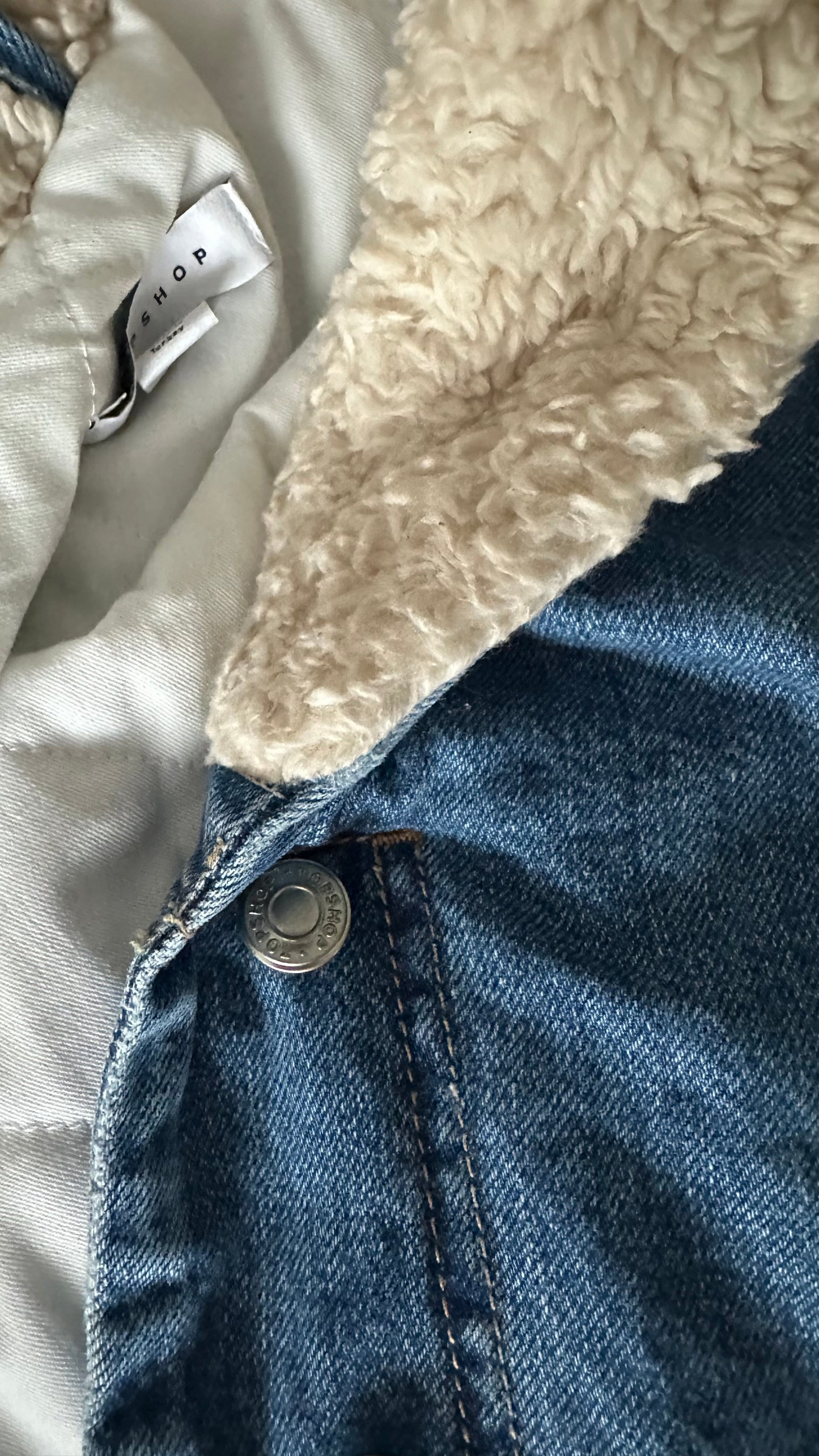 Topshop blue denim faux shearling jacket quilted coat small UK 8-10 oversized vgc