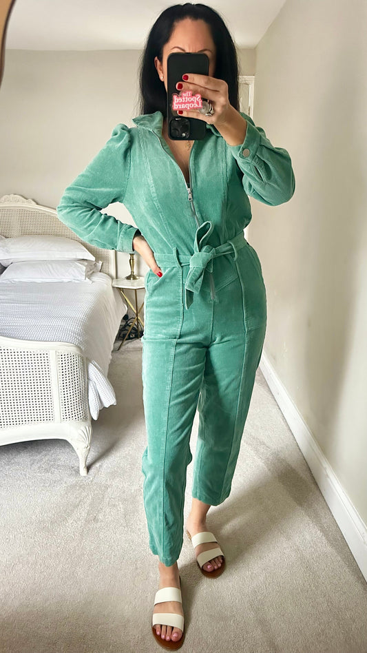 Oliver Bonas sage green corduroy jumpsuit boiler suit playsuit small UK 8