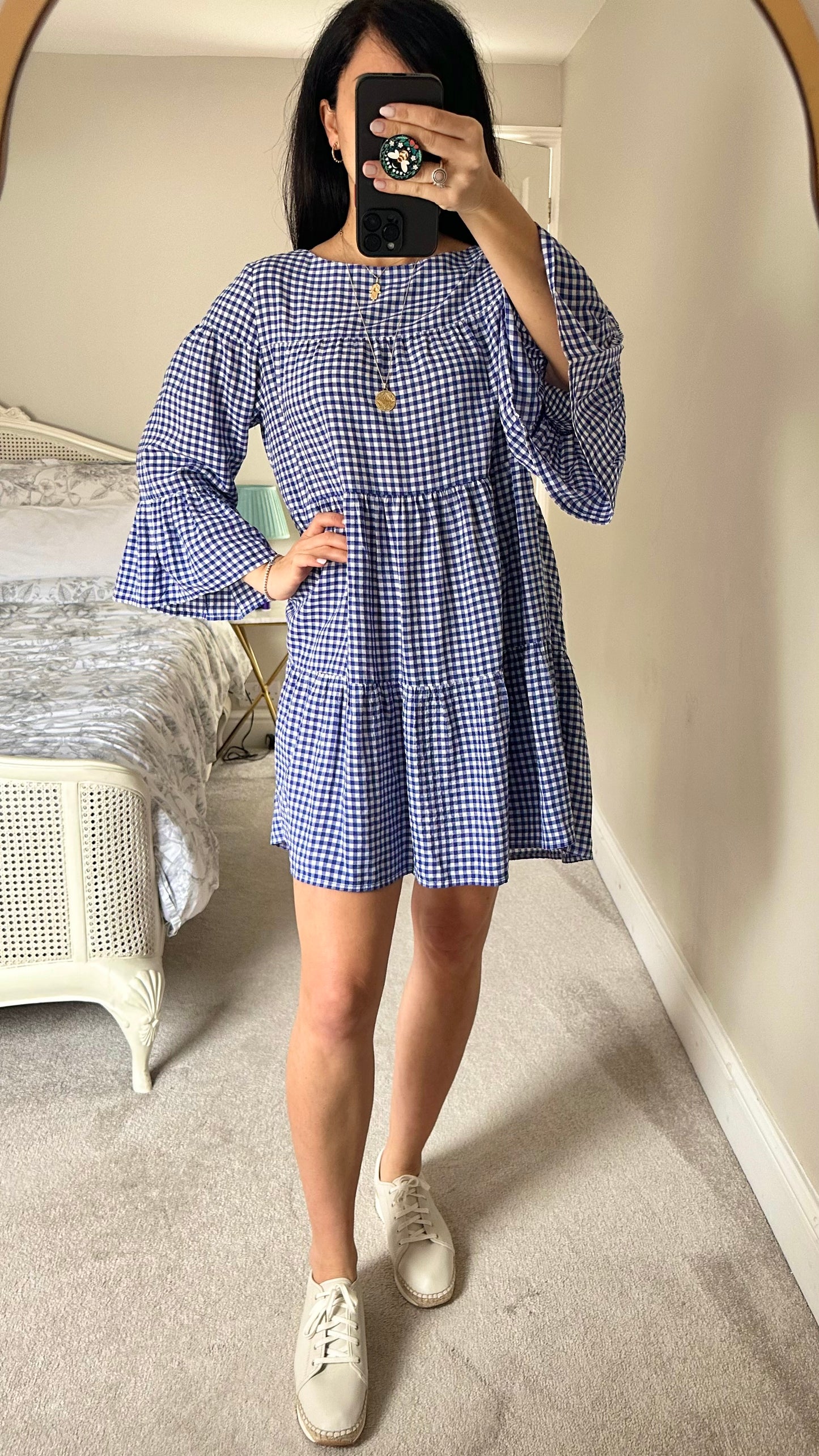 Zara blue white gingham tiered mid length casual dress small UK 6-8-10 vgc