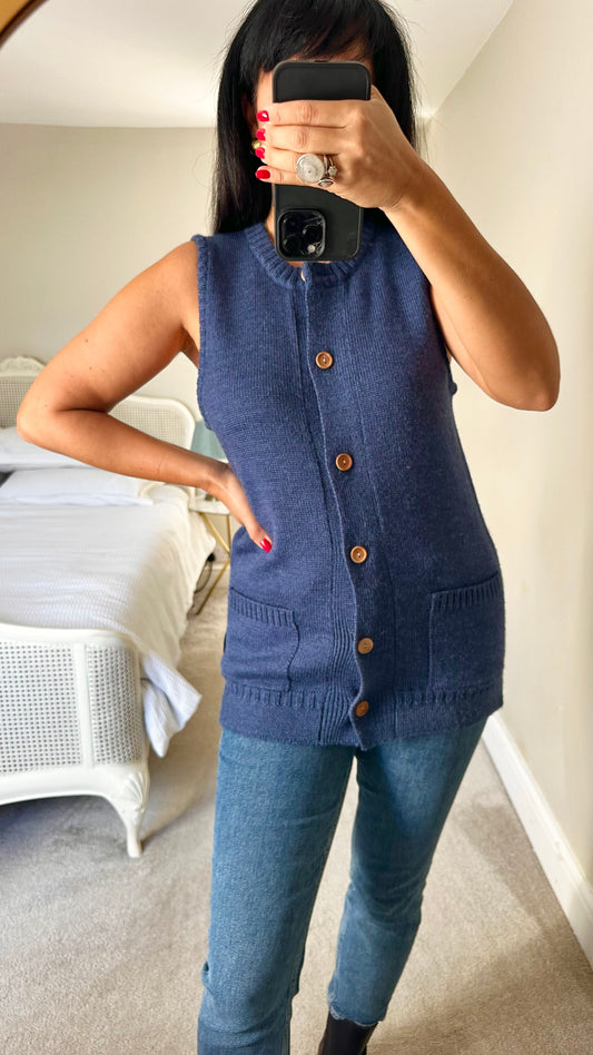 WoolOvers navy blue 100% wool knitted waistcoat vest small medium SM UK 8-10 excellent used condition