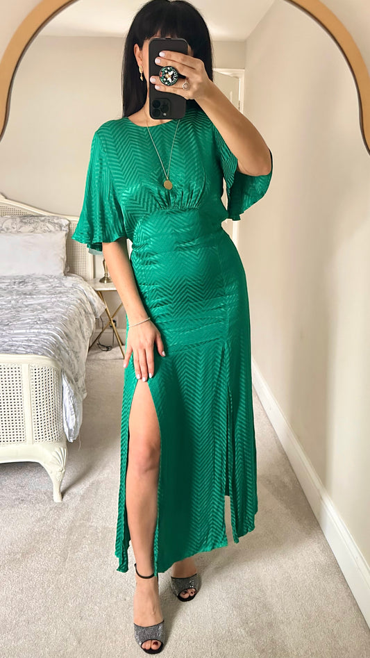 Topshop emerald green zigzag double split midi maxi evening party dress medium UK 10 vgc