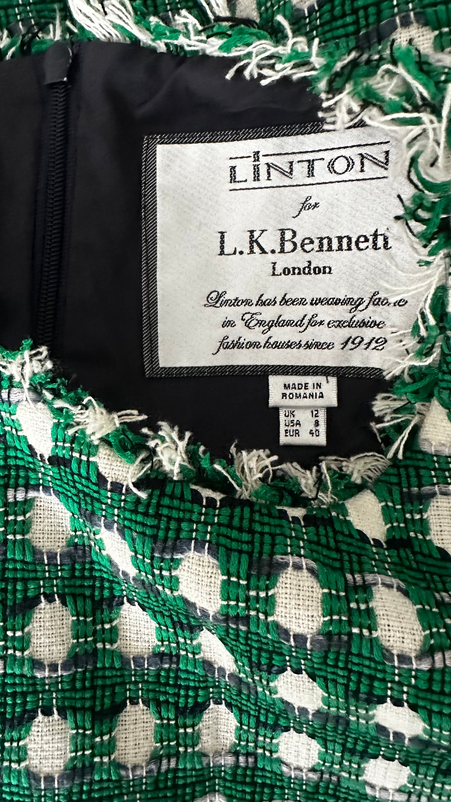 LK Bennett Green white check gingham mid length dress medium UK 12 vgc