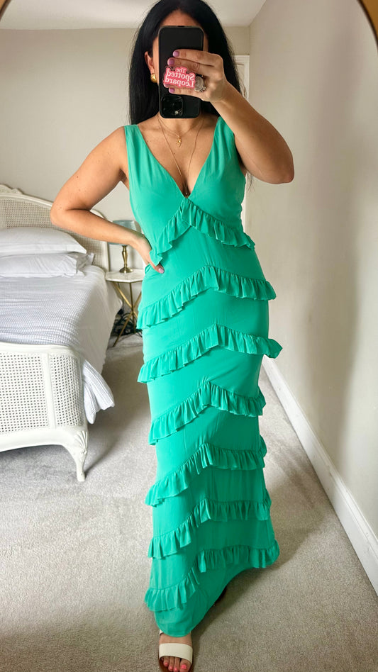 Pretty Lavish turquoise green frill maxi long event dress small UK 10 vgc