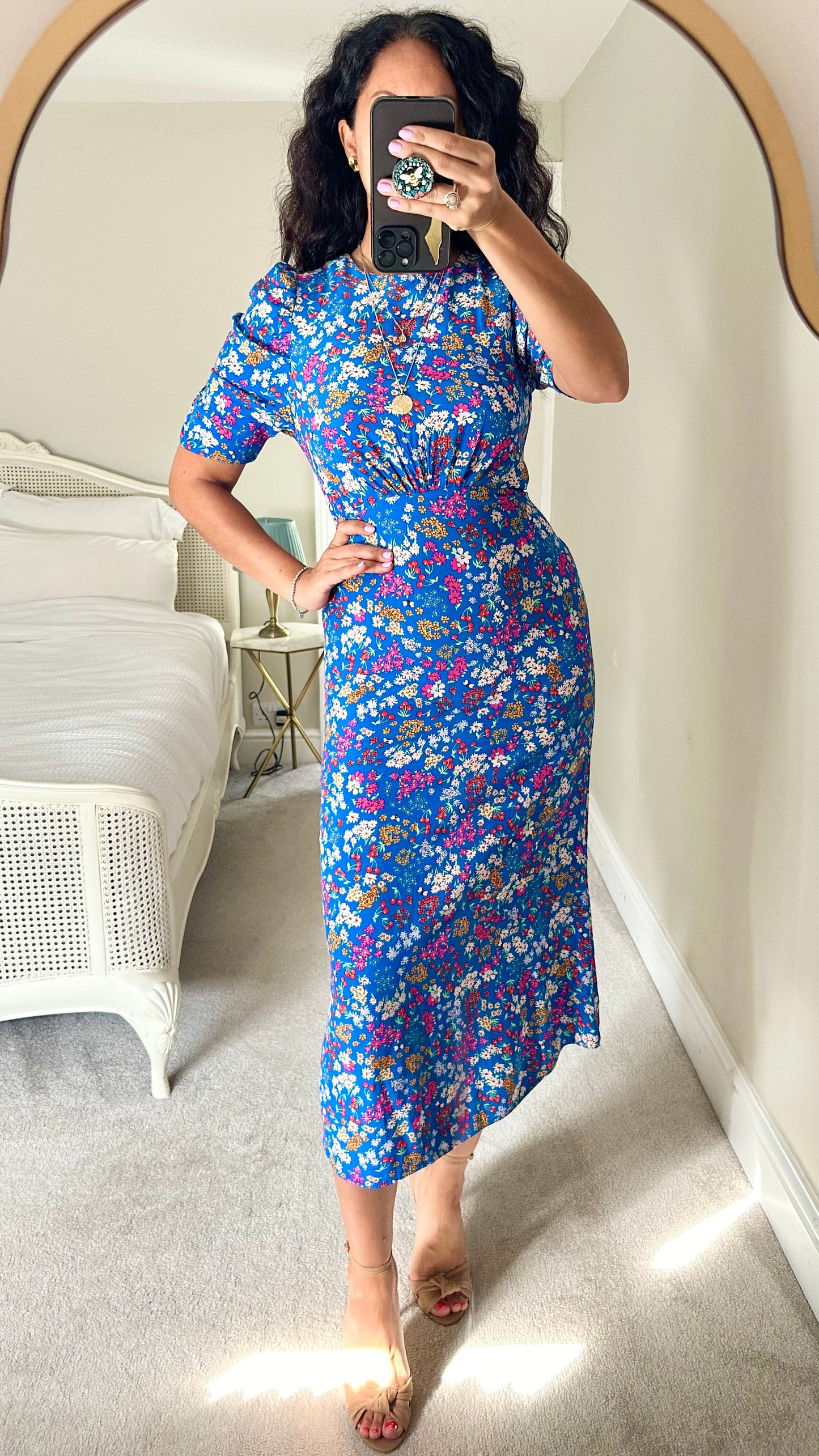 Nobody’s Child bright blue bee floral midi dress small medium UK 10 14 vgc