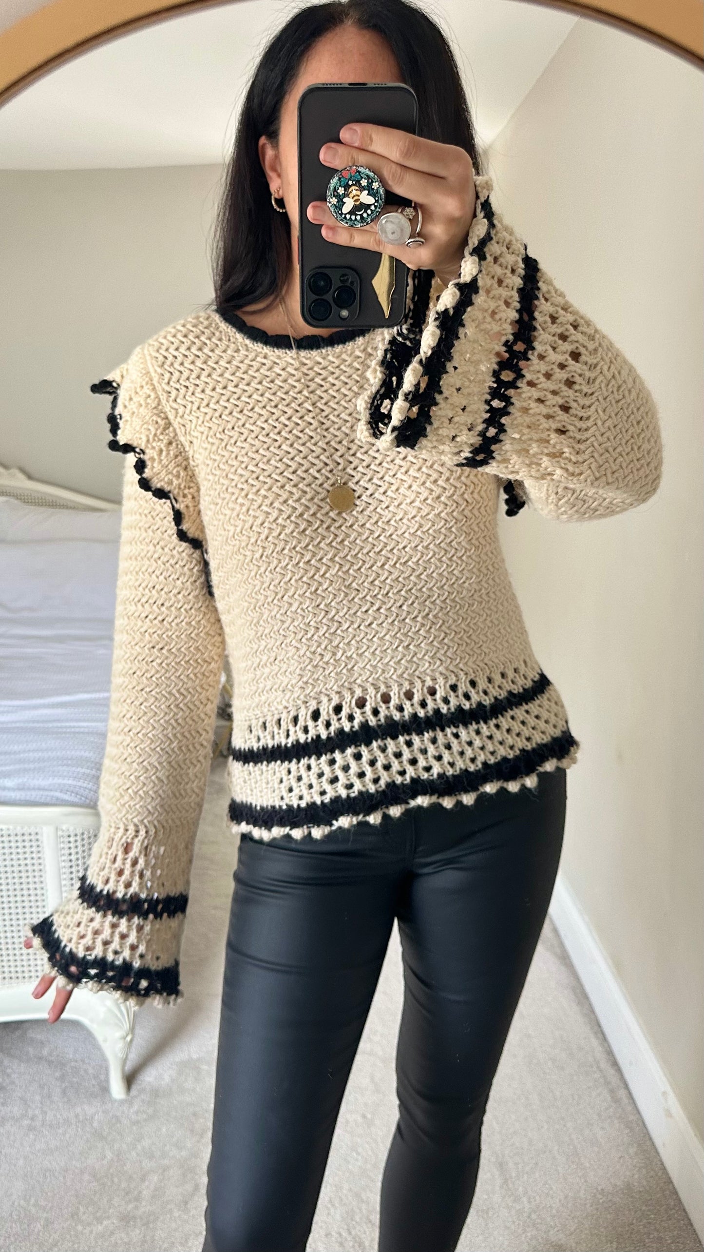 Mango cream black wool blend crochet knitted jumper extra large UK 12-14