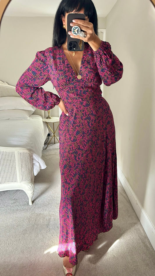 Samsoe Samsoe purple navy blue floral maxi dress winter wedding small medium SM UK 8-10 as new condition