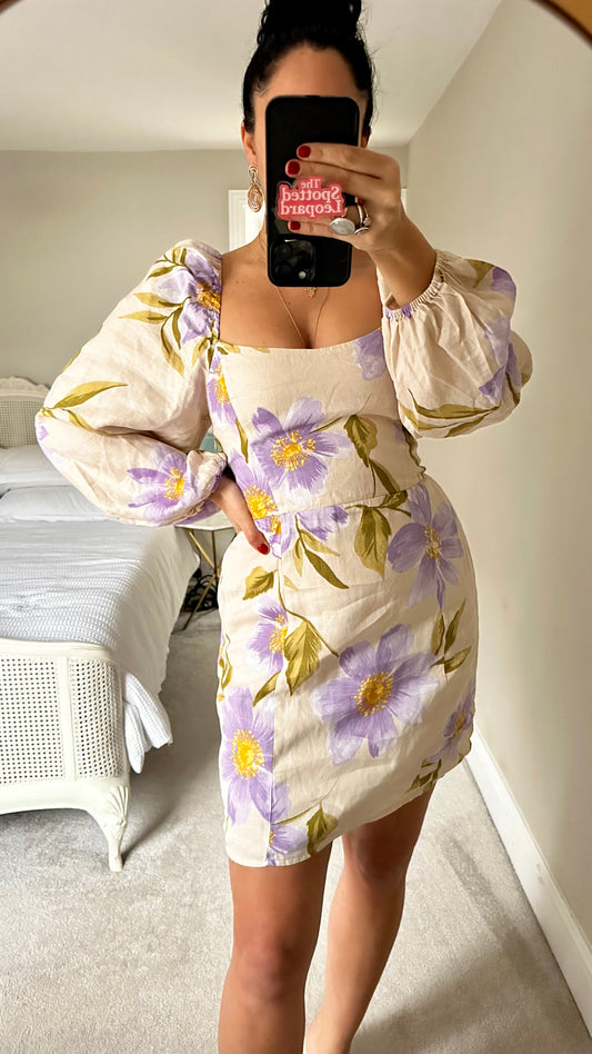 & other stories beige lilac floral linen mini puff sleeve dress holiday small UK 8 vgc