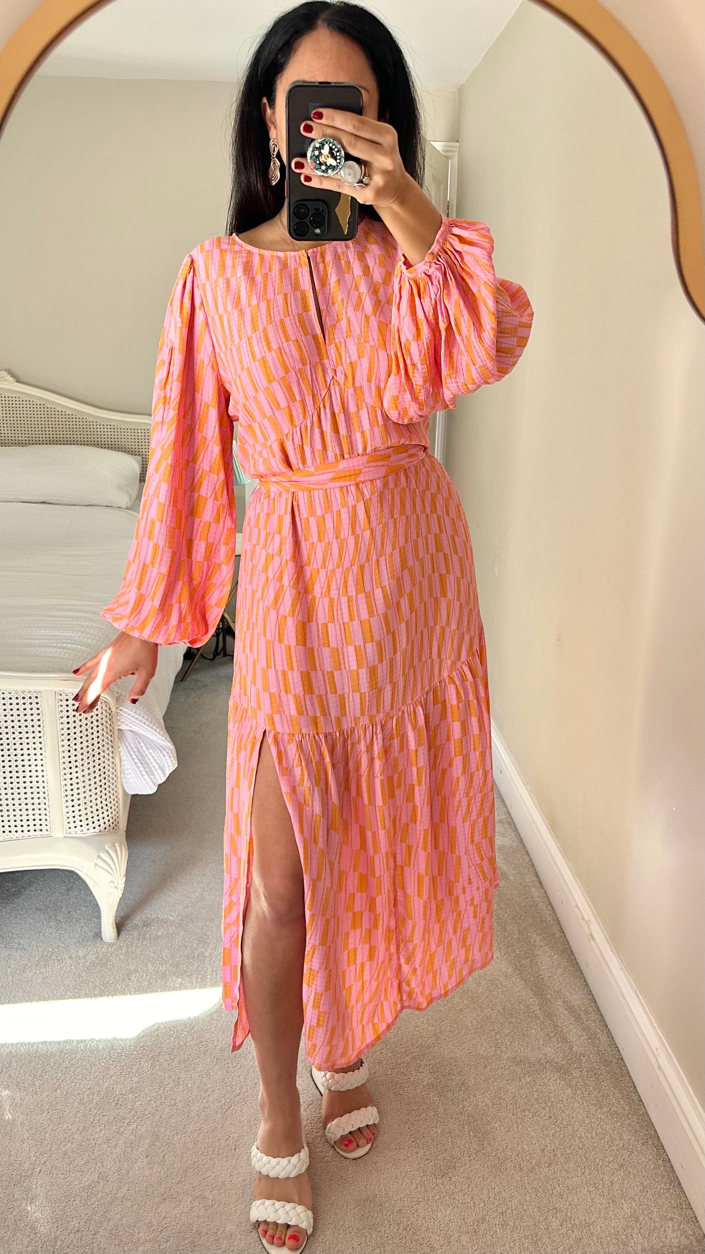 Oliver Bonas pink orange checkered midi long maxi dress wedding guess small UK 8 vgc