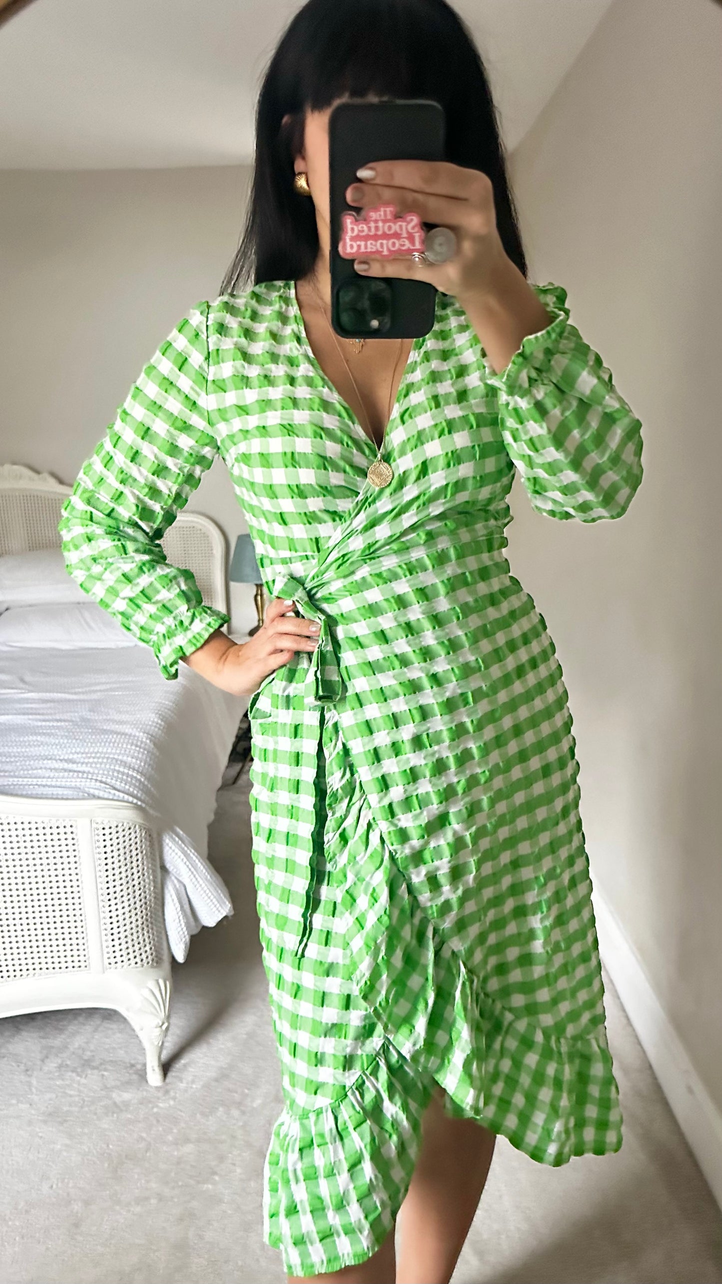 Never Fully Dressed green white gingham check wrap midi dress small petite UK 8 vgc