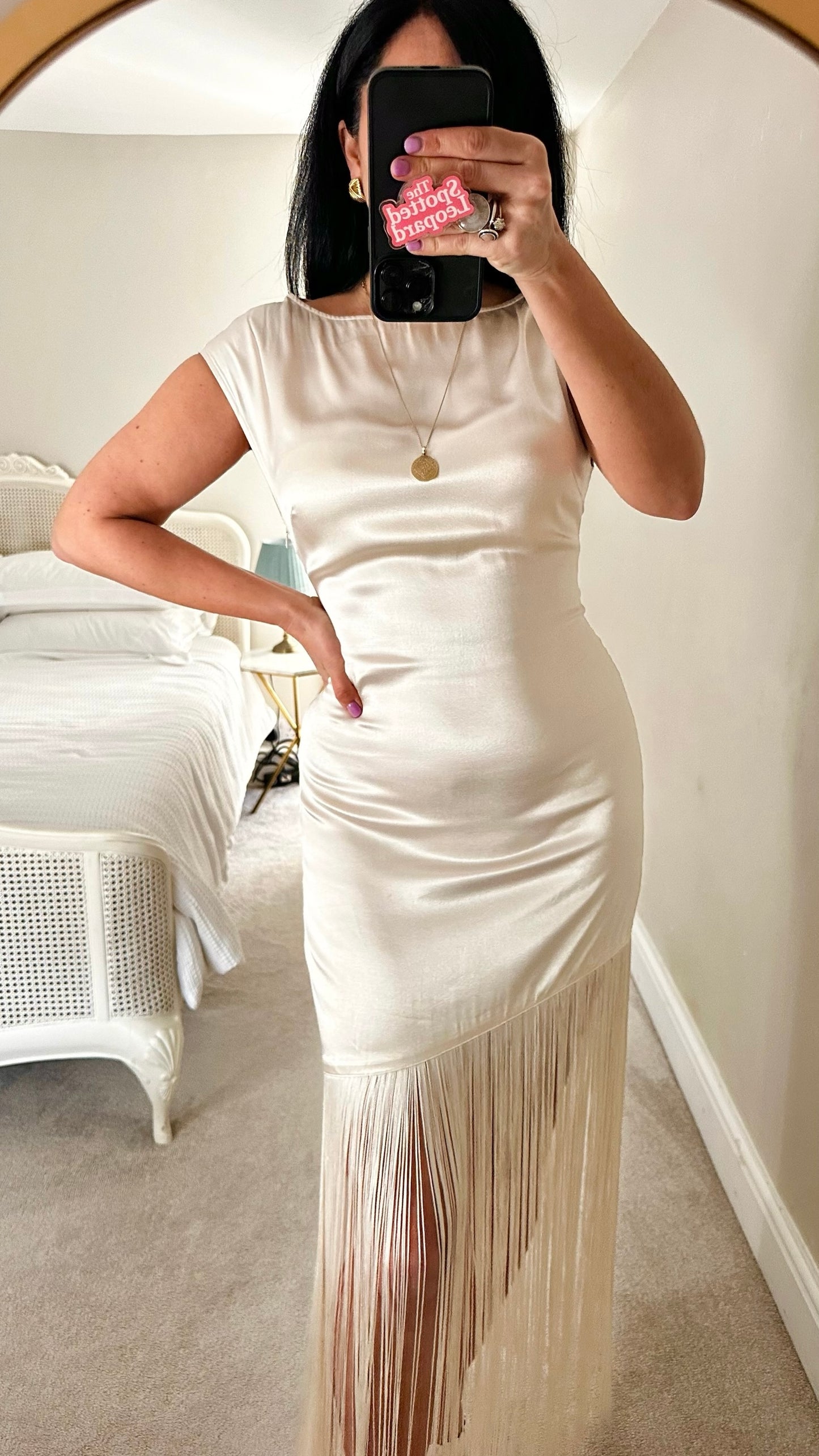 Pretty lavish cream satin fringe tassel maxi event dress small UK 8 vgc