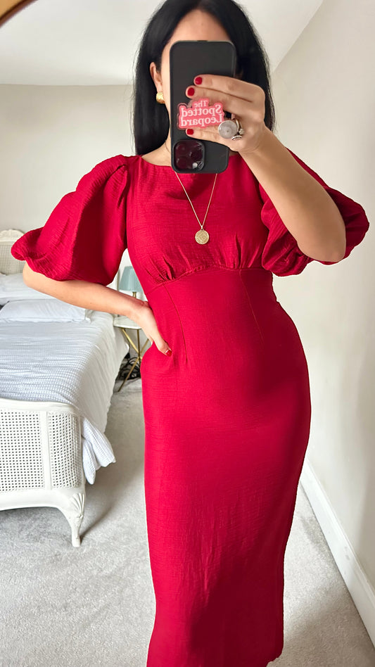 Nobody’s Child burgundy red crinkle effect midi long wedding guest event dress small UK 8 vgc