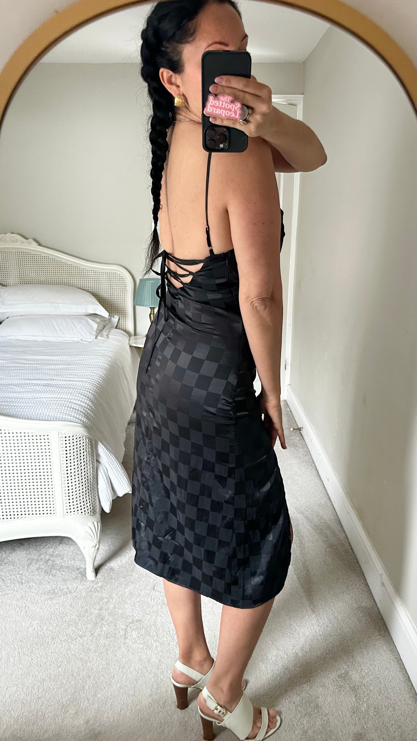 Lola May black gingham check squares strappy side split midi event dress small UK 10 vgc