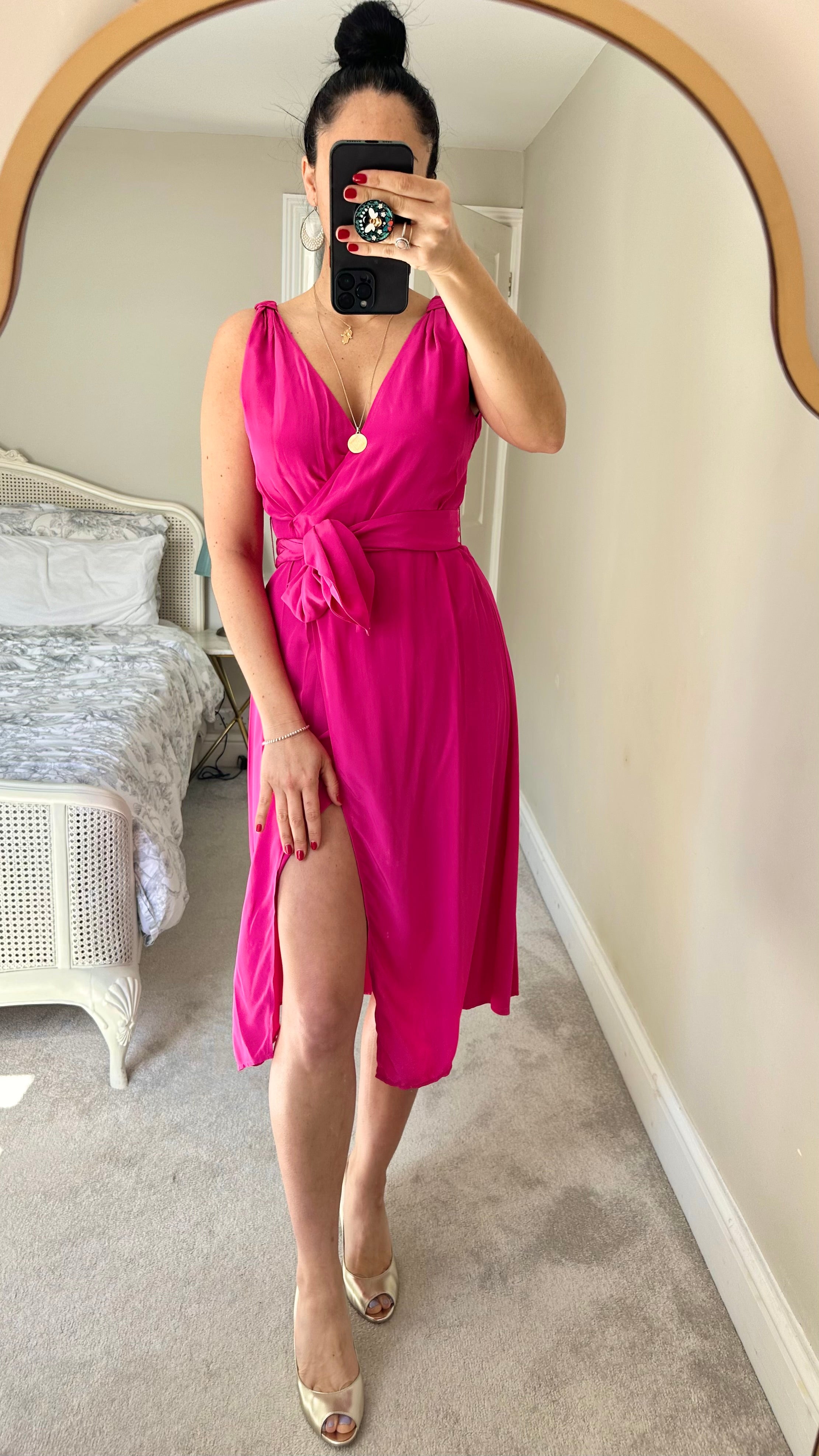 other stories fuschia pink wrap wedding guest midi dress small xs UK the.spotted.leopard